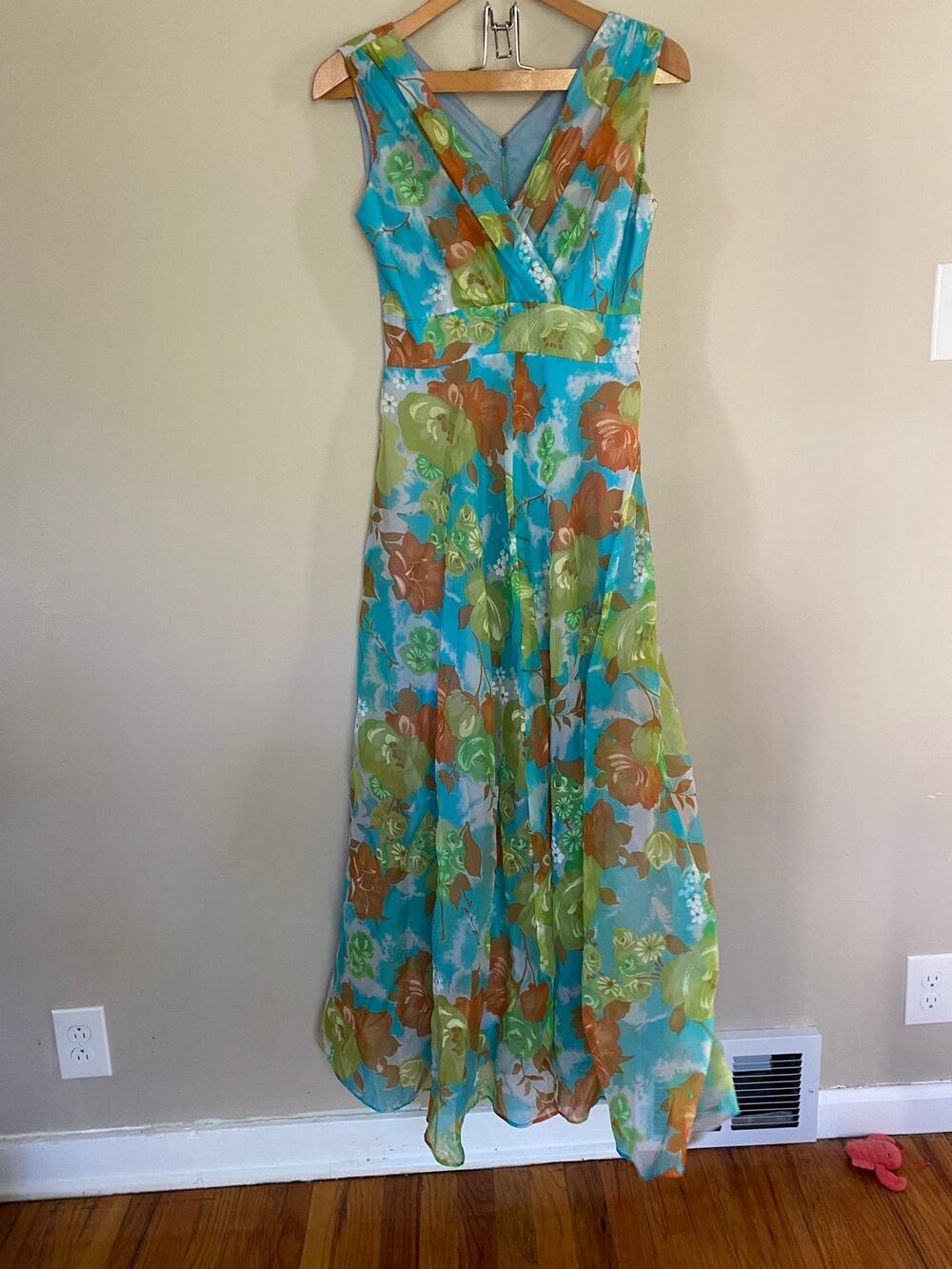 Vintage 70s sleeveless maxi dress chiffon floral watercolor retro Medium